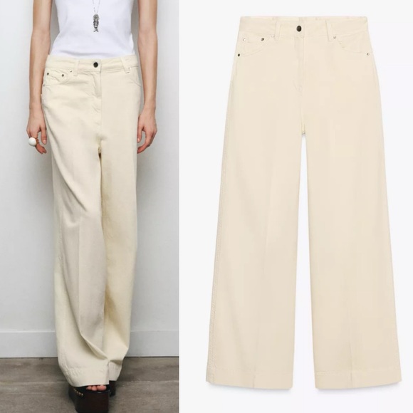 Zara NWT butter yellow cream high waist full length loose leg denim jeans - Picture 1 of 7